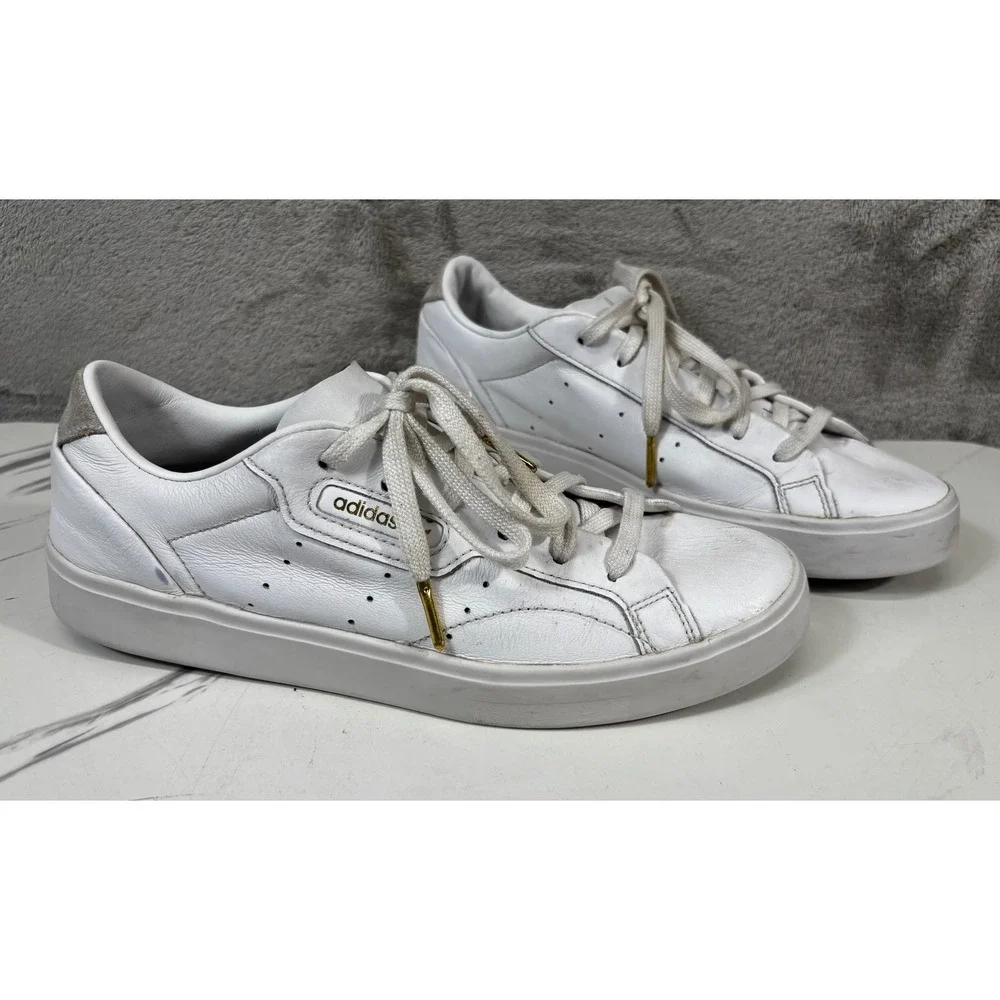 Adidas Sleek Sneakers Womens‎ 8 White Leather Low Top Shoes DB3258